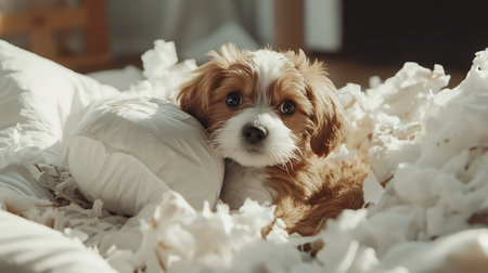 Puppy looking sheepish amid a mess of shredded pillows and unrolled toilet paper, highlighting the playful chaos of pet ownership.の素材