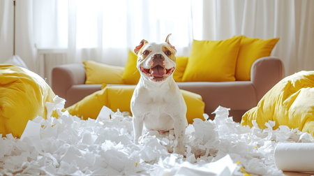 Happy dog playing in a chaotic scene of shredded pillows and unrolled toilet paper, with a bright and cozy living room setting.の素材