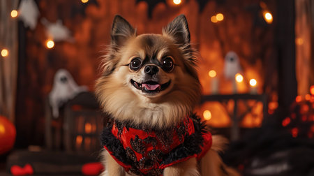 Fluffy dog in a scary demon outfit, striking a pose in front of a haunted backdrop, with bats and ghosts adding to the spooky vibe.の素材