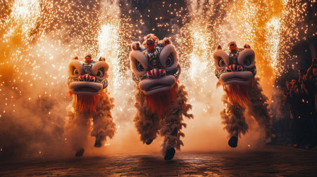 A captivating shot of lion dancers performing in front of a firecracker display, the bursts of color enhancing the vibrant energy of the lion dance tradition.の素材