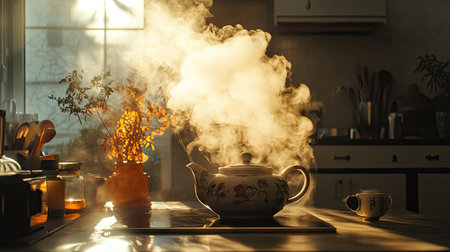 A boiling pot of tea, with steam swirling upwards in graceful patterns, creating a calm and peaceful kitchen atmosphere.の素材