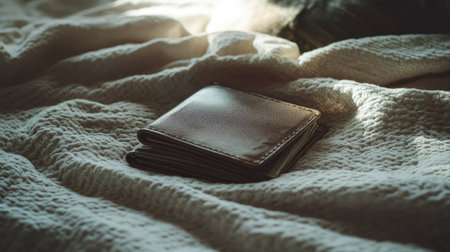 An artistic shot of an empty wallet lying on a bed with a soft blanket, with natural light streaming in, evoking feelings of relaxation and financial ease.の素材