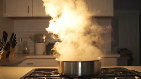 A boiling pot on the stove, with steam creating a cloud that fills the space, making the kitchen look warm and active.の素材