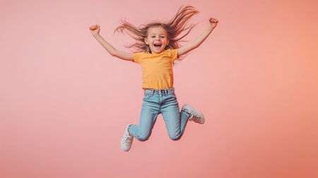 Dynamic full-body shot of a young girl mid-jump, her arms raised and hair flying, against a smooth, pastel-colored background.の素材