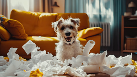 Happy dog playing in a chaotic scene of shredded pillows and unrolled toilet paper, with a bright and cozy living room setting.の素材