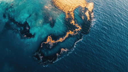 An aerial view of an oil spill spreading across the ocean, with dark patches of oil contrasting against the blue water, illustrating environmental disaster.の素材