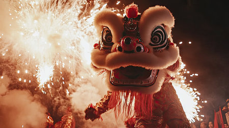 A captivating shot of lion dancers performing in front of a firecracker display, the bursts of color enhancing the vibrant energy of the lion dance tradition.の素材