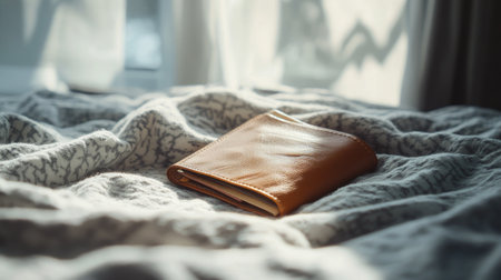 An artistic shot of an empty wallet lying on a bed with a soft blanket, with natural light streaming in, evoking feelings of relaxation and financial ease.の素材