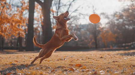 Happy dog springing off the ground, paws extended and mouth open wide, about to catch a frisbee mid-flight.の素材