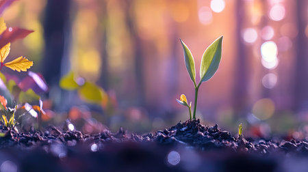 Fresh plant sprouts breaking through damp soil, set against a blurred background of a vibrant forest, emphasizing the beauty of nature.の素材