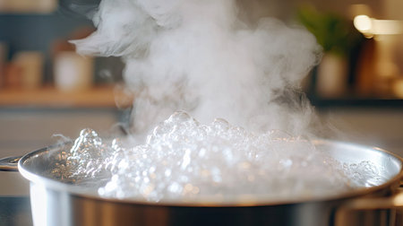 A boiling pot of water with steam billowing out, as bubbles rapidly break the surface, shot in a brightly lit modern kitchen.の素材