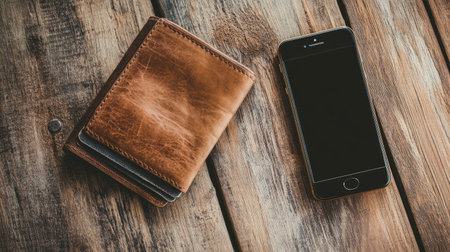 An open empty wallet placed on a rustic wooden table next to a smartphone, suggesting the importance of budgeting and digital financial tools.の素材