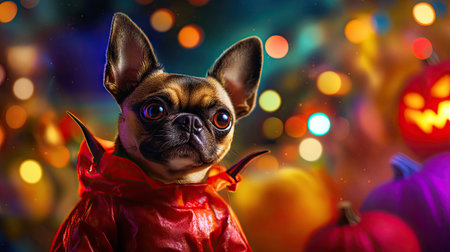 Small dog in a devil costume with a playful expression, surrounded by colorful Halloween decorations and a spooky night sky.の素材