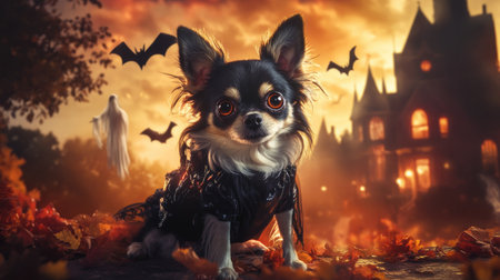Fluffy dog in a scary demon outfit, striking a pose in front of a haunted backdrop, with bats and ghosts adding to the spooky vibe.の素材
