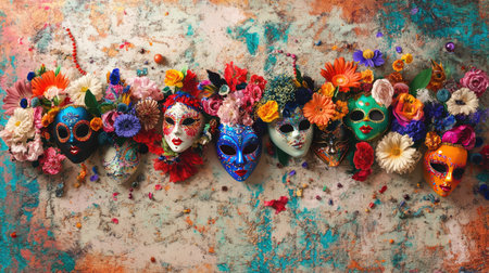 An artistic composition featuring an array of colorful carnival masks laid out on a textured surface, with flowers and beads scattered around, celebrating the joy of the event.の素材