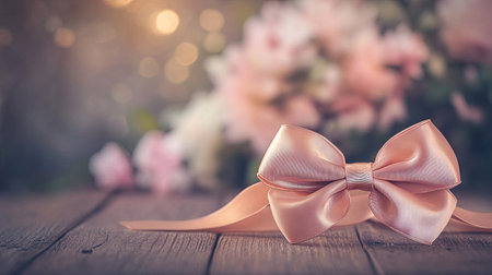 A beautifully crafted satin ribbon bow placed on a vintage wooden table, with a blurred background of flowers and soft lighting enhancing its charm.の素材