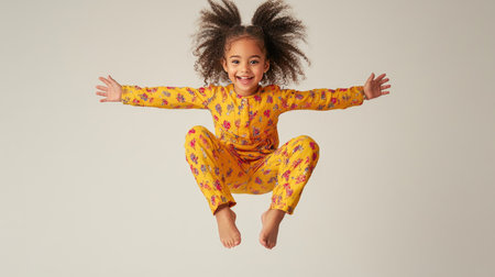 Full-length photo of a playful young girl in mid-air, with a fun, dynamic pose and bright clothing on a neutral background.の素材