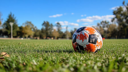Soccer ball on grass with a clear blue sky above, emphasizing the simplicity and beauty of the game in nature.の素材