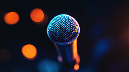 Dynamic close-up of a microphone on a stand, spotlight shining on it, with the background fading into darkness.の素材