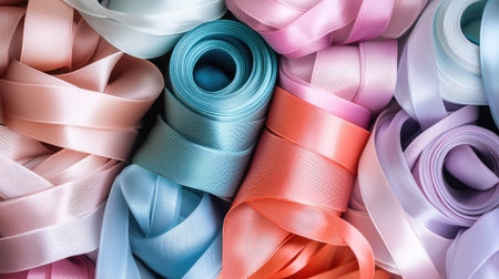 An assortment of satin ribbons in pastel shades, neatly rolled and displayed in a creative way, perfect for crafting or decorating projects.の素材