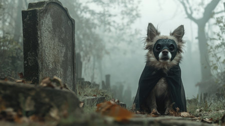 Fluffy dog wearing a demon mask and black cape, peeking out from behind a creepy gravestone with fog rolling in the background.の素材
