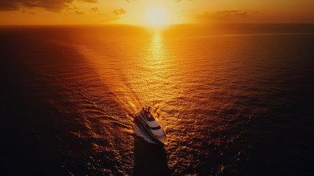 An expansive overhead shot of a sleek sailing yacht navigating through a vibrant sunset, with the sun dipping below the horizon, creating a picturesque maritime scene.の素材