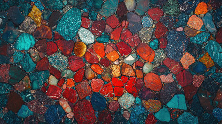 Stunning close-up of small, glittering stones in bright reds, blues, and greens, arranged in a symmetrical pattern.の素材