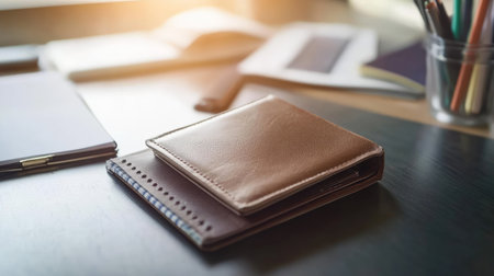 An empty wallet resting on a neatly organized desk, with stationery items in the background, portraying a professional and minimalist lifestyle.の素材