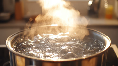A boiling pot of water with steam billowing out, as bubbles rapidly break the surface, shot in a brightly lit modern kitchen.の素材