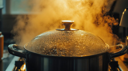 A boiling pot with a glass lid, with steam trapped inside and fogging up the glass, as the water bubbles energetically below.の素材