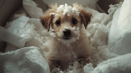 Playful puppy with bits of pillow fluff in its fur, surrounded by a mess of toilet paper, capturing the joy and chaos of pet life.の素材