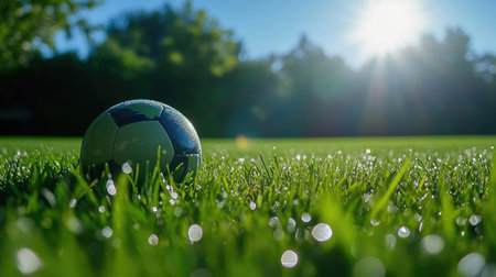 Soccer ball lying on a freshly mowed field, surrounded by blades of grass glistening with morning dew under a clear blue sky.の素材