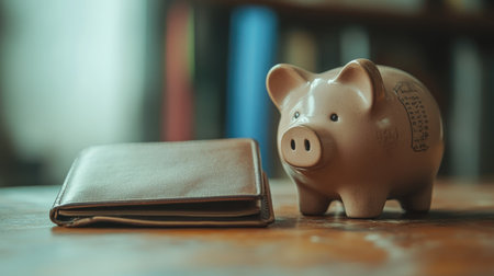 An empty wallet resting beside a vintage piggy bank, symbolizing savings and financial planning, with a soft focus on the background for depth.の素材