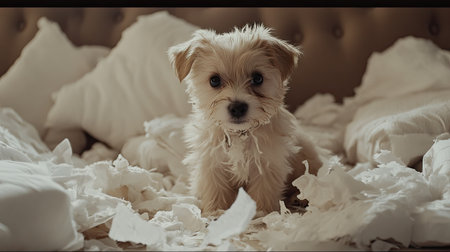 Puppy looking sheepish amid a mess of shredded pillows and unrolled toilet paper, highlighting the playful chaos of pet ownership.の素材