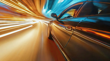 An action shot of a car speeding down a highway, with a seatbelt clearly visible in the foreground, reinforcing the message of safety during travel.の素材