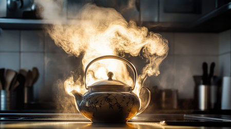 A boiling pot of tea, with steam swirling upwards in graceful patterns, creating a calm and peaceful kitchen atmosphere.の素材