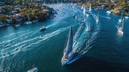An aerial image of a yacht sailing alongside a busy harbor, with other boats and ships in the background, showcasing the vibrant life of coastal towns and their maritime activities.の素材