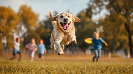 Playful dog mid-leap with its tongue out, just inches away from catching a frisbee, with kids playing in the background.の素材