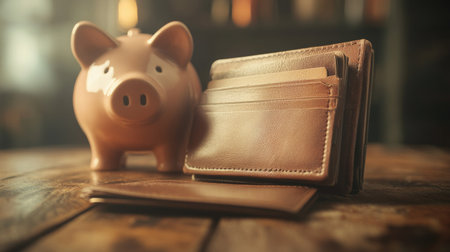 An empty wallet resting beside a vintage piggy bank, symbolizing savings and financial planning, with a soft focus on the background for depth.の素材