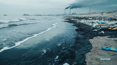 A beach covered in black sludge and oil residue, with plastic waste washed up on the shore, highlighting the consequences of industrial pollution.の素材