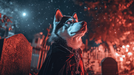 Husky dressed as Dracula, standing proudly beside a spooky gravestone, with a backdrop of a starry night sky and Halloween decorations.の素材