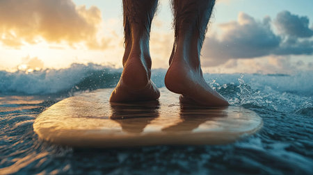 A close-up of a windsurfer's feet expertly balanced on the board, emphasizing the skill and balance required to navigate the waves effectively.の素材
