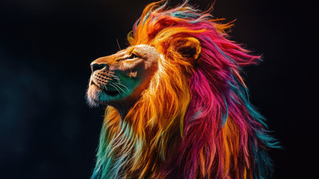 A close-up of the lion's vibrant mane during a dance performance, capturing the movement and textures of the colorful fabric in the light.の素材