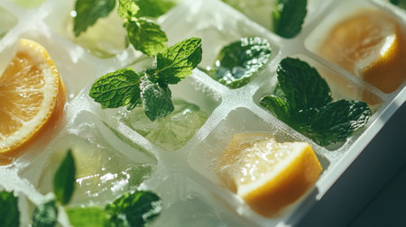 A close-up of an ice cube tray filled with herbal-infused water, showcasing sprigs of mint and slices of citrus, promoting a healthy and refreshing lifestyle.の素材