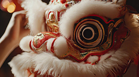 A close-up of lion dancers preparing their costumes before a show, showcasing the intricate details and craftsmanship, emphasizing the art of the lion dance.の素材