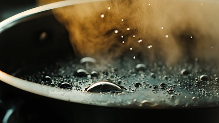 A close-up of a boiling pot's handle, with steam rising and droplets of water condensing on the metal, capturing the details of kitchen heat.の素材