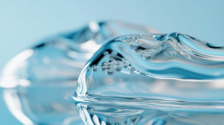A close-up of bubbling liquids in glass flasks, with a focus on the smooth curves and reflections of the glass, set against a cool blue background.の素材