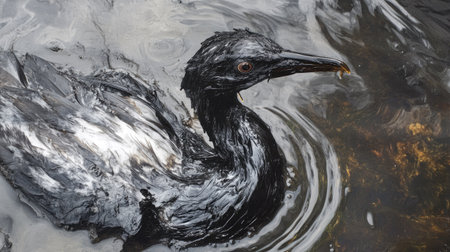A close-up of an oil-slicked bird struggling in polluted water, feathers coated in dark oil, representing the impact of oil spills on wildlife.の素材