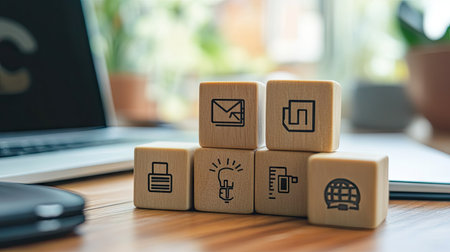 A close-up of wooden blocks with icons for online learning platforms, digital textbooks, and collaborative tools, on a desk beside a laptop.の素材