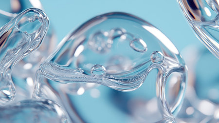 A close-up of bubbling liquids in glass flasks, with a focus on the smooth curves and reflections of the glass, set against a cool blue background.の素材